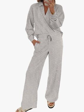 Women's Light Gray Lounge -Top & Wide-Leg Pants Set